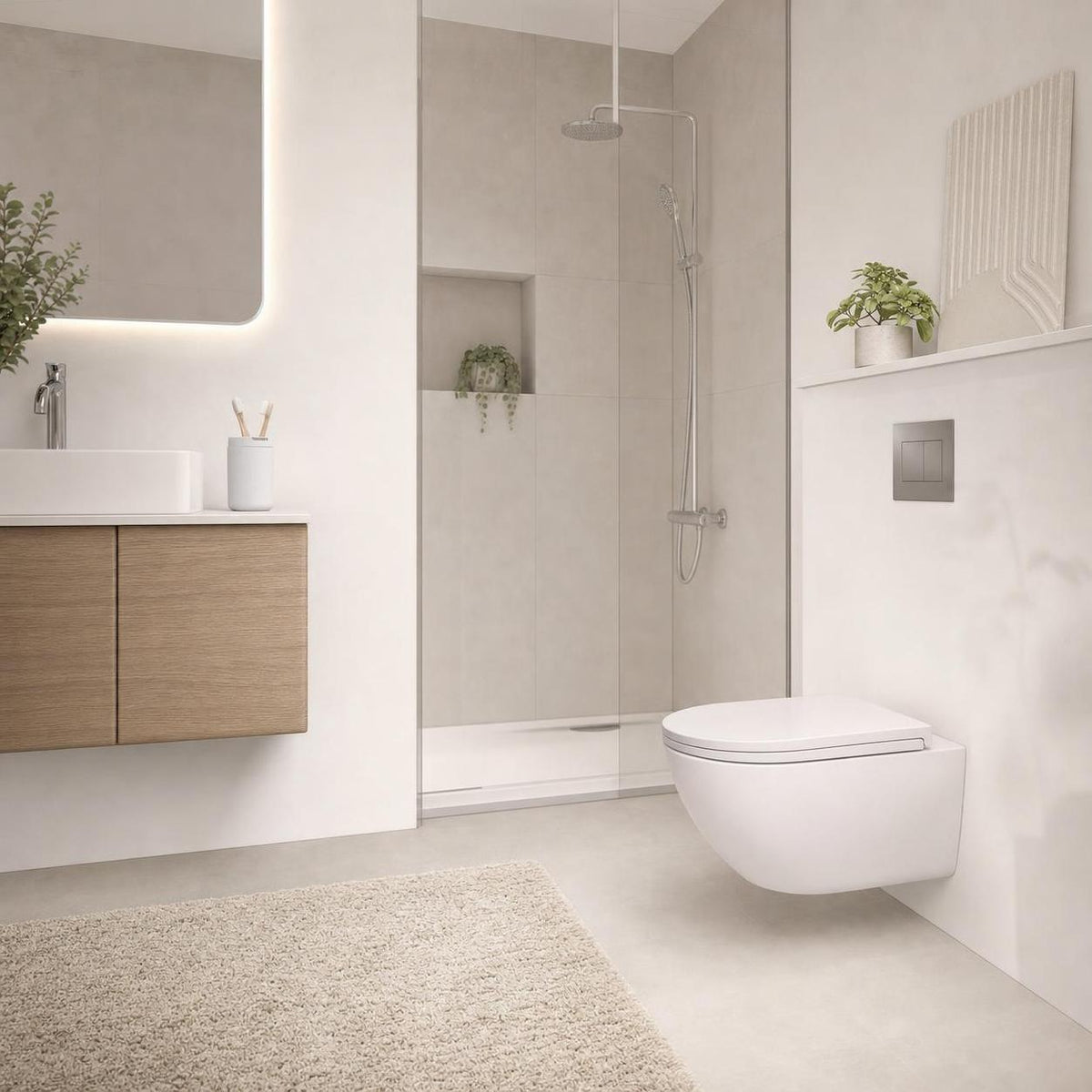 Ein wandhängendes WC steht in einem hellen Bad mit Dusche und Waschtisch.