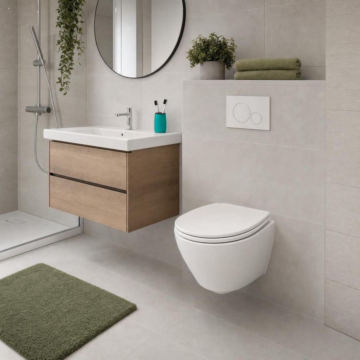 Modernes Bad mit Wand-WC, Holzwaschtisch und grünen Akzenten.