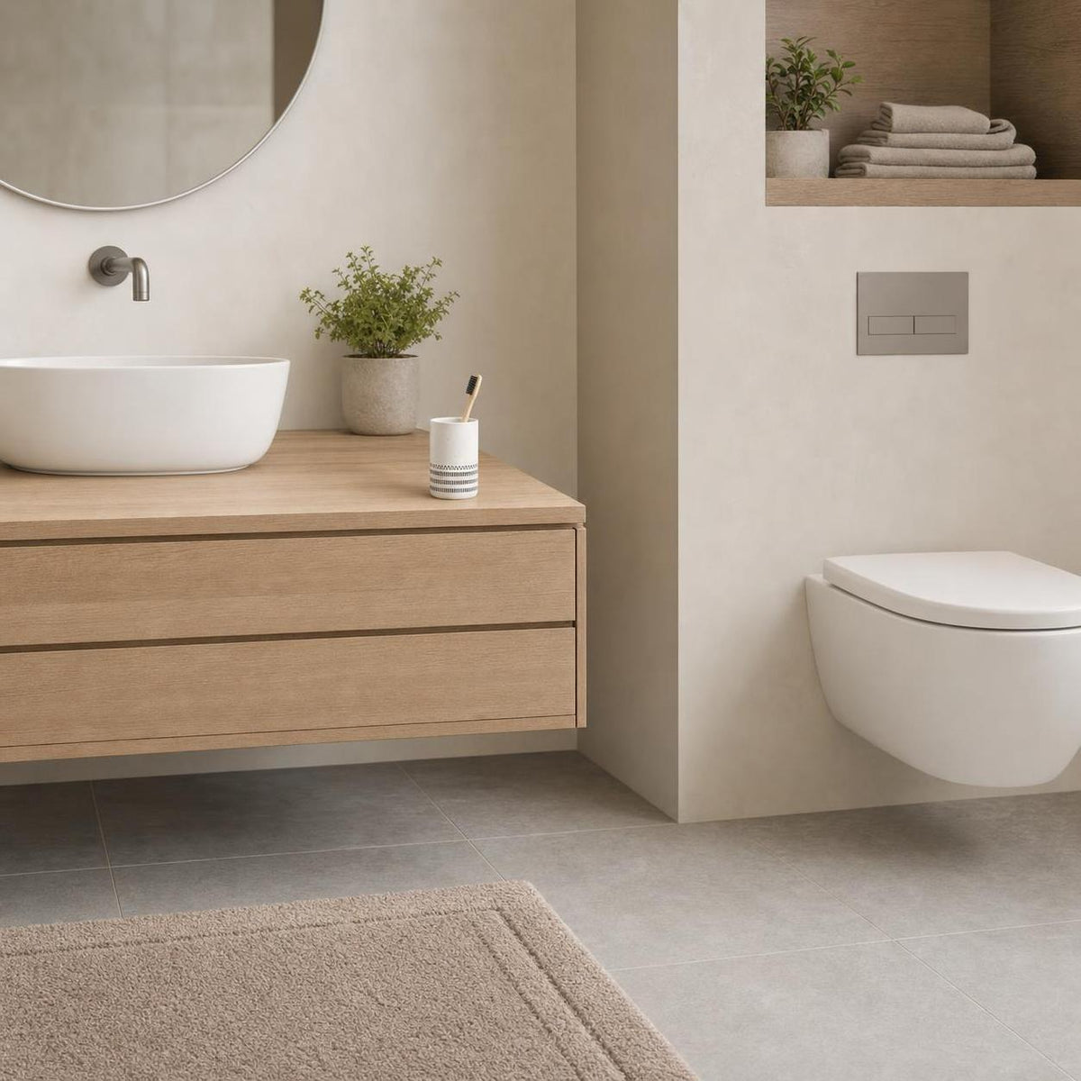 Beige Badematte liegt vor Waschtisch und WC im modernen Bad.