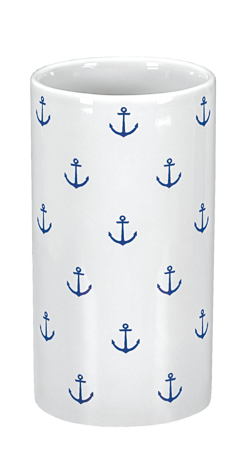 Weißer Becher aus Keramik mit blauem Anker-Muster rundum bedruckt