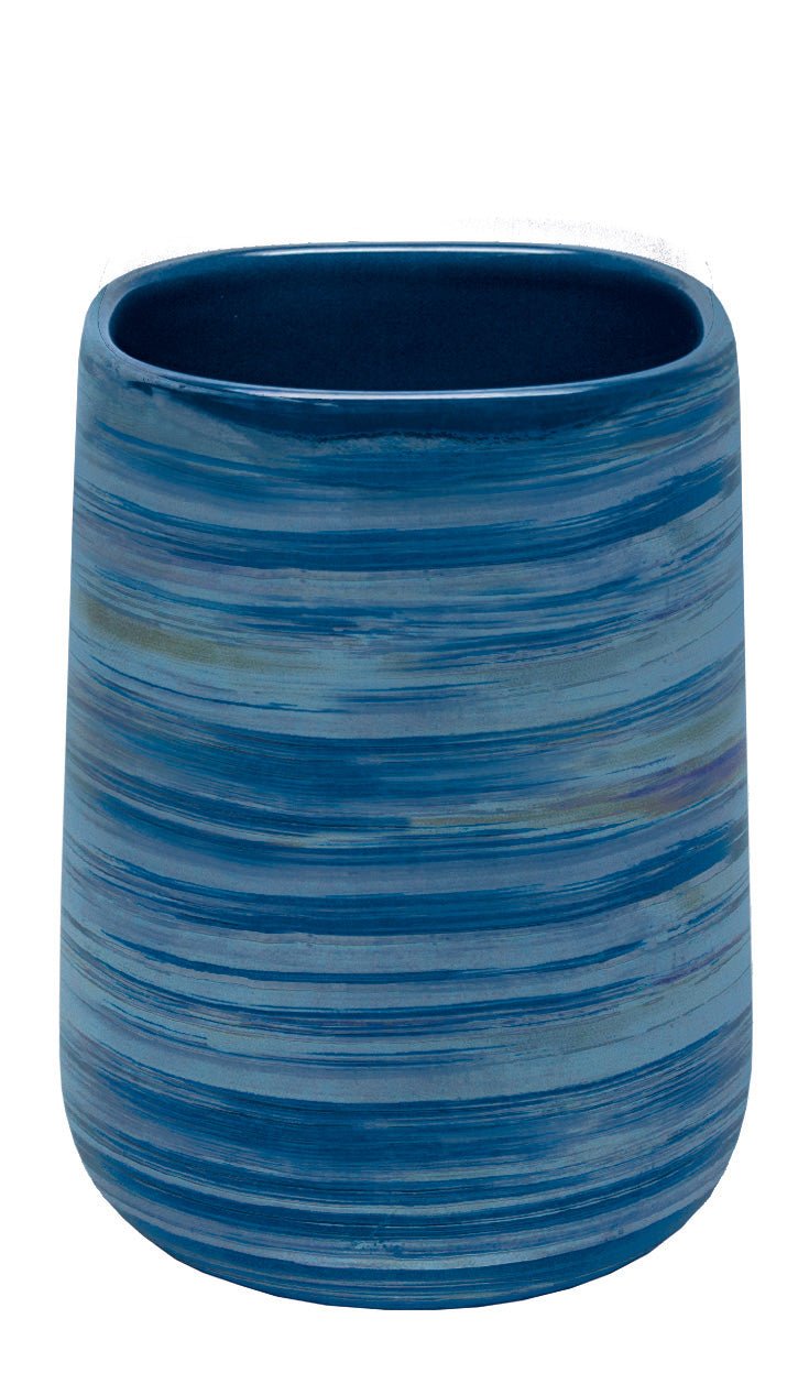 Blauer Zahnputzbecher mit horizontalen Streifen in Blautönen aus Keramik