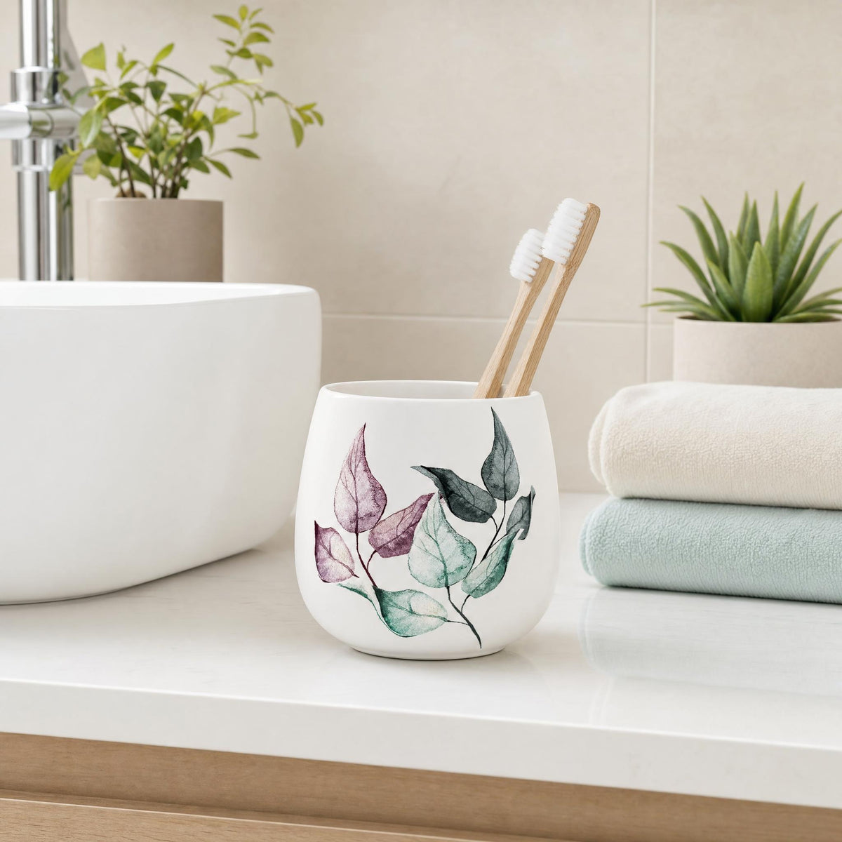 Zahnbürsten im Becher mit Blättermotiv neben Waschbecken und Handtüchern.
