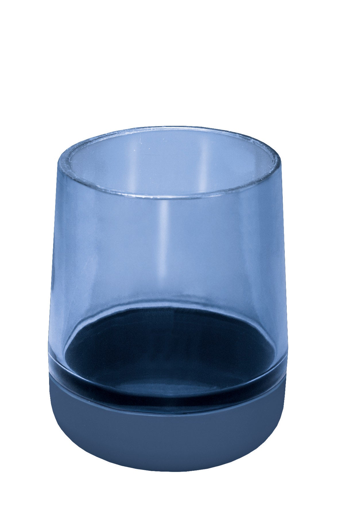 Blauer Zahnputzbecher aus Glas, freigestellt vor weißem Hintergrund