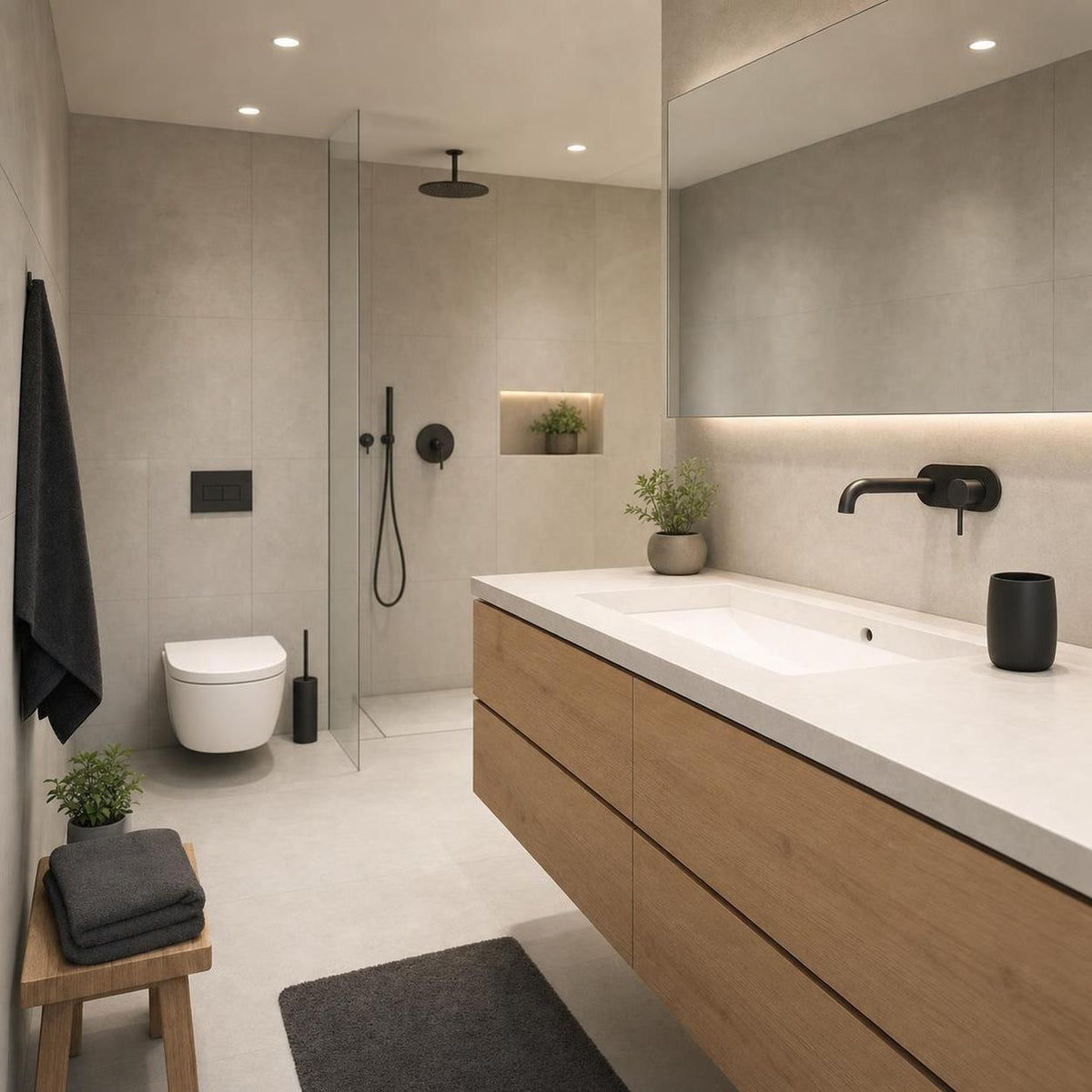 Modernes Bad mit Holz-Waschtisch, Glasdusche und schwarzen Armaturen.