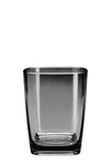 Transparenter, eckiger Zahnputzbecher aus Glas, leer, frontal gesehen