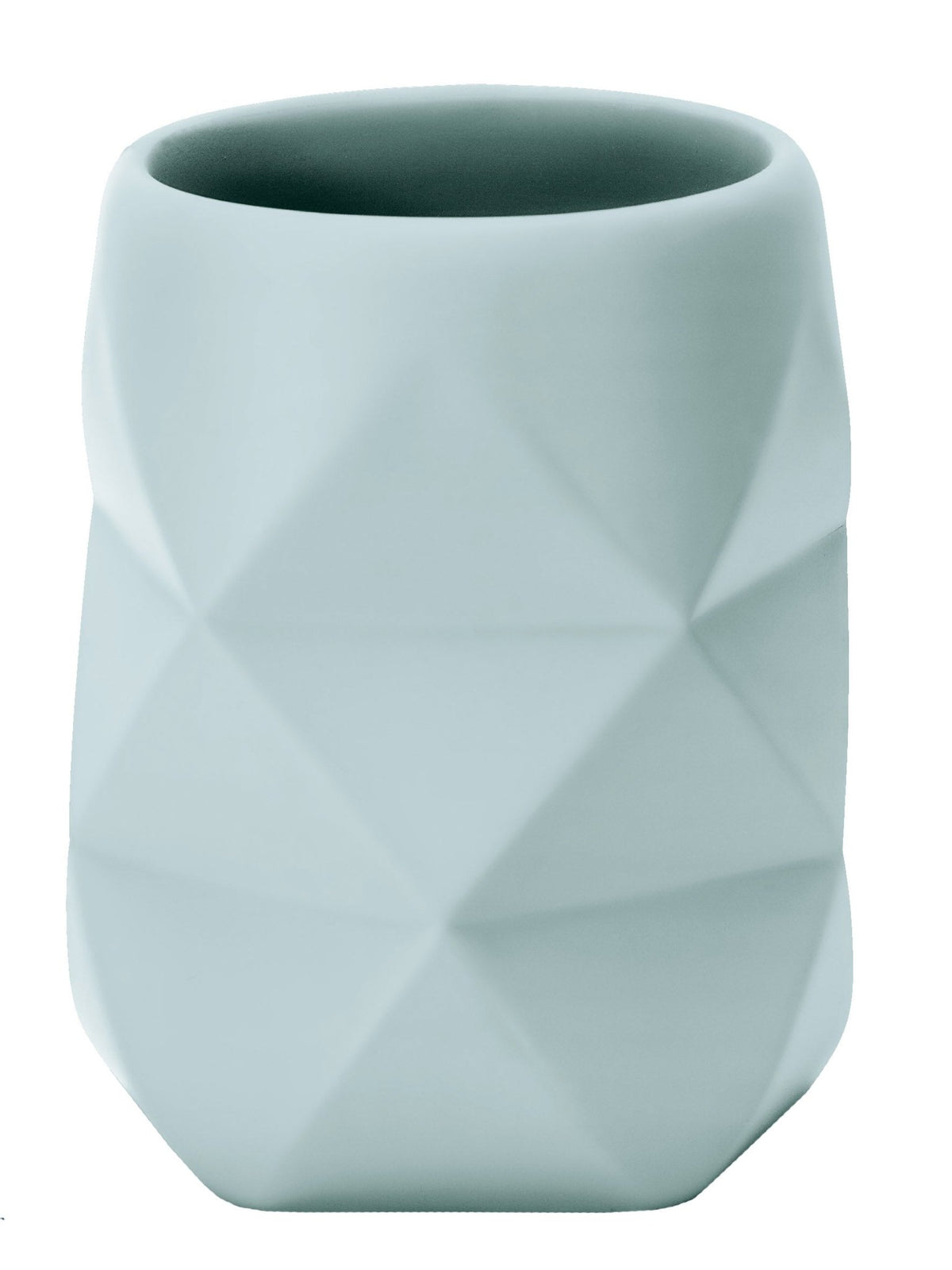 Zahnputzbecher aus hellblauem Keramik mit geometrischer Oberfläche
