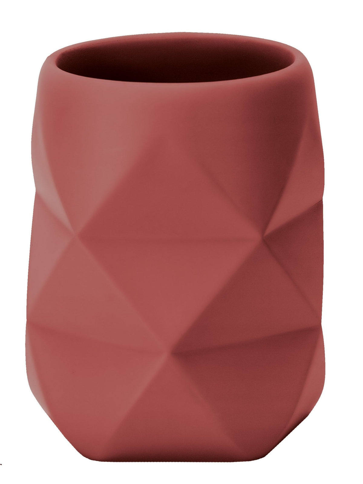Roter, matter Zahnputzbecher mit geometrischer, facettierter Oberfläche