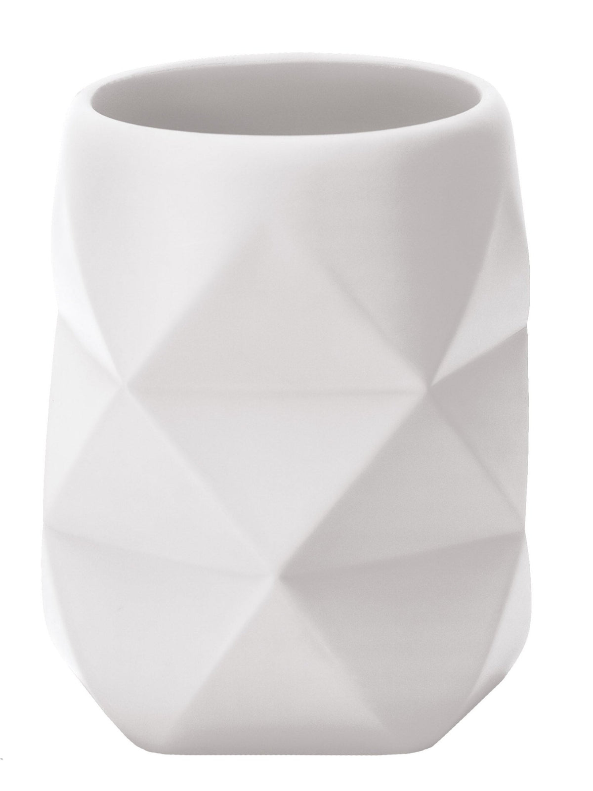 Weißer Zahnputzbecher aus Keramik mit geometrischer Facettenstruktur