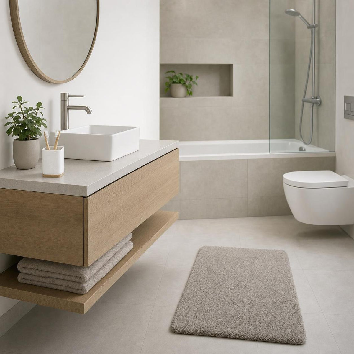 Ein grauer Badteppich liegt vor Wanne und Waschtisch im modernen Bad.