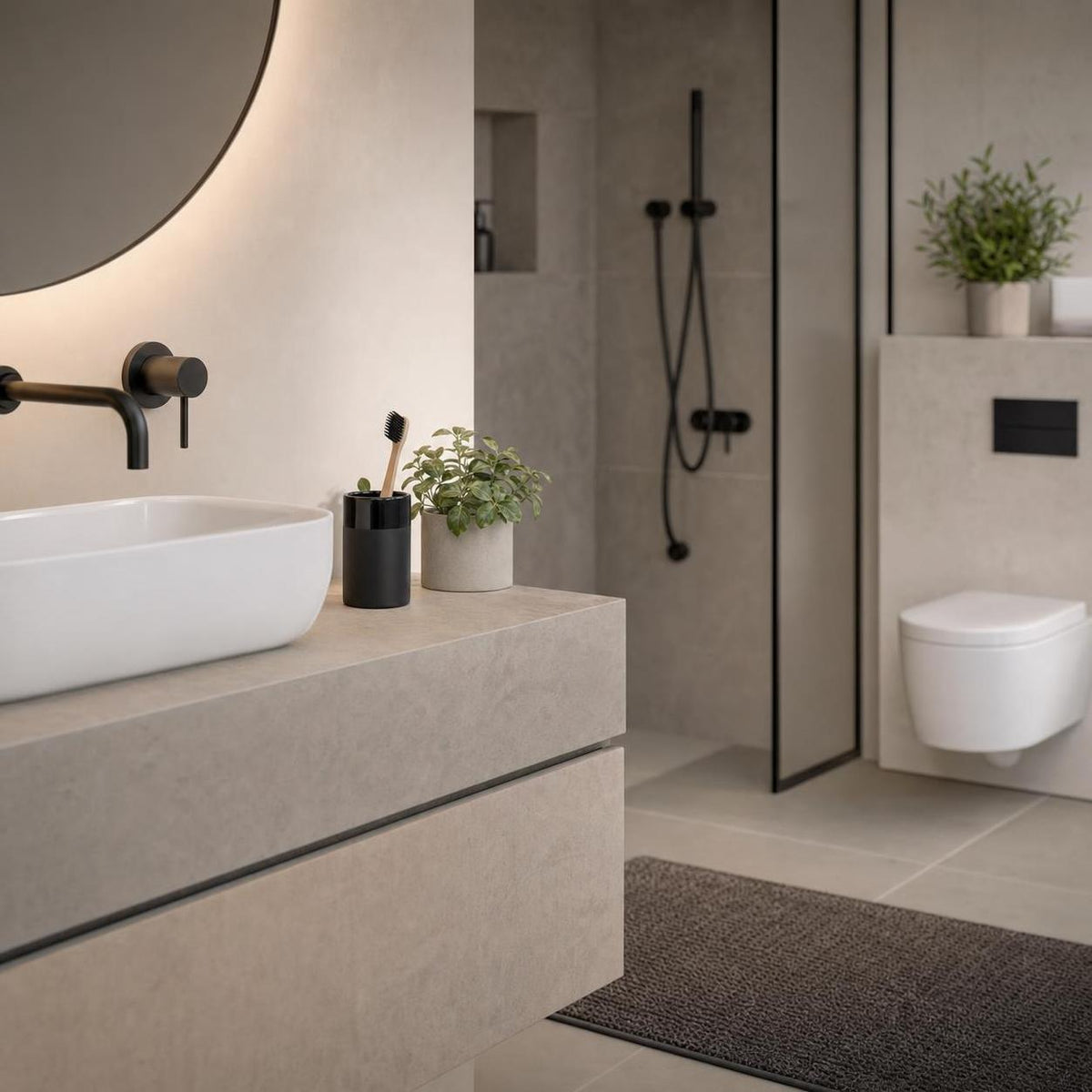 Graue Badematte liegt vor Dusche und Waschtisch im modernen Bad.