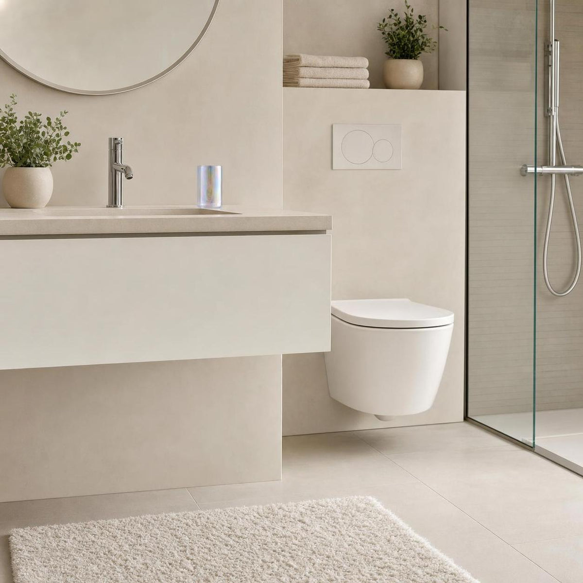 Modernes Bad mit Waschtisch, Wand-WC und Glasdusche in Beige.