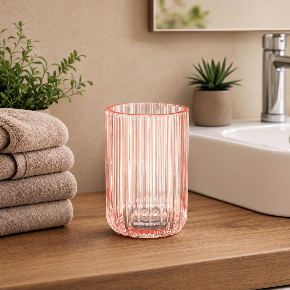 Rosafarbenes geriffeltes Glas auf Holzablage im Badezimmer neben Handtüchern.
