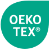 Türkiser OEKO-TEX Schriftzug auf rundem Siegel.